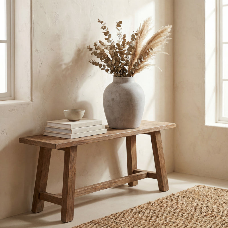 Darcy vase with dried grasses on a wooden bench