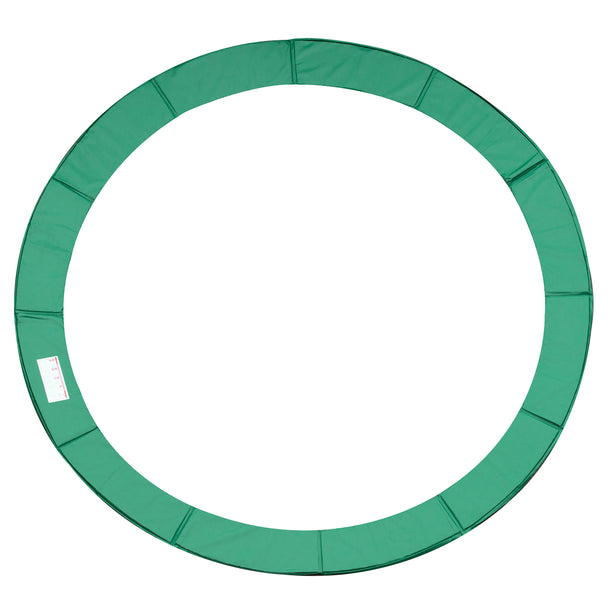 Green 12ft trampoline spring cover pad fitted around a round trampoline frame