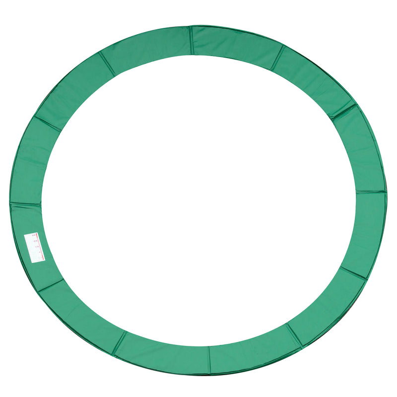 Green 12ft trampoline spring cover pad fitted around a round trampoline frame