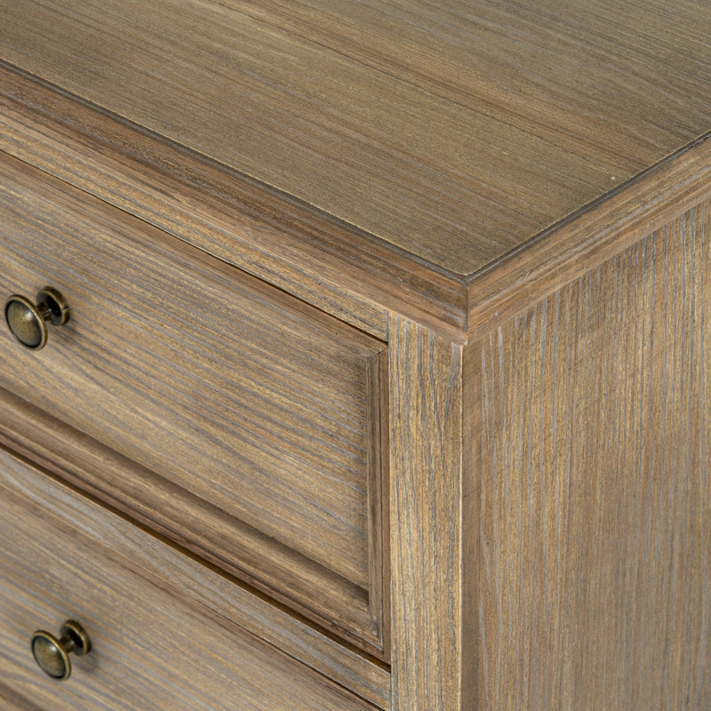 close-up of the drawer fronts and round metal knobs