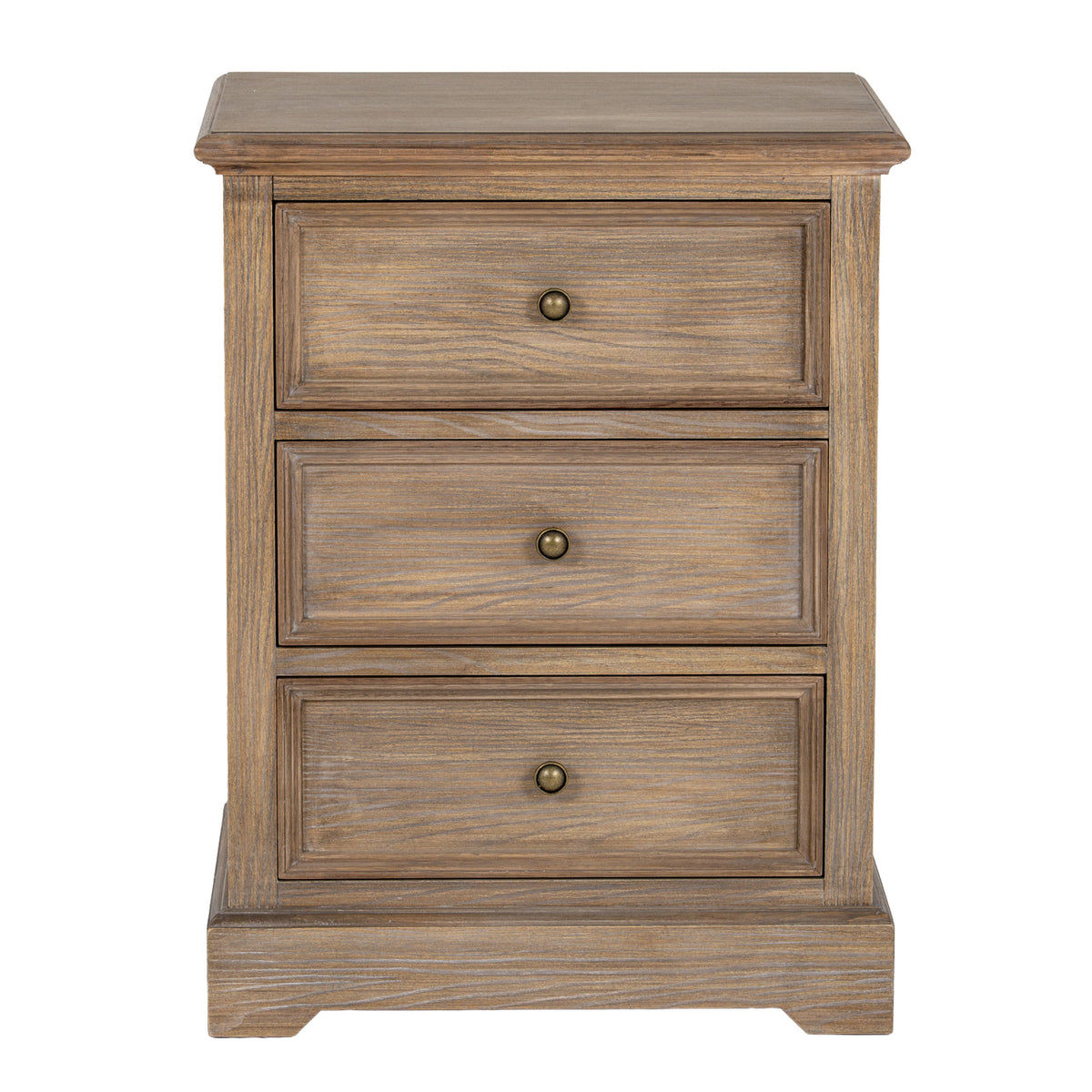 Delphine three-drawer wooden chest from the front on white