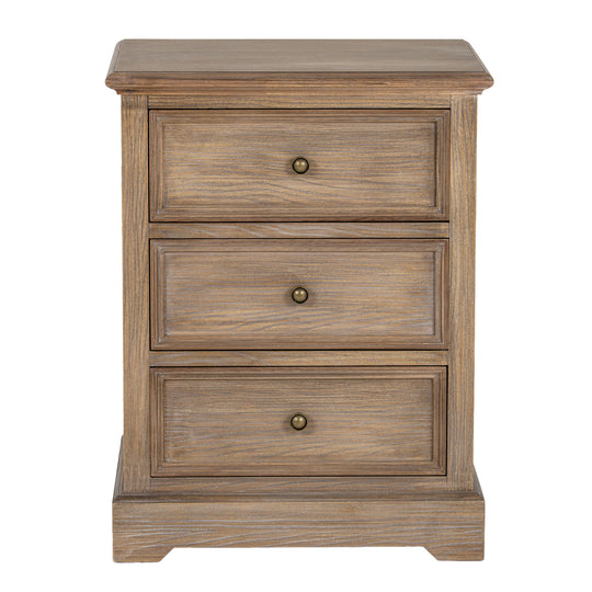 Delphine three-drawer wooden chest from the front on white