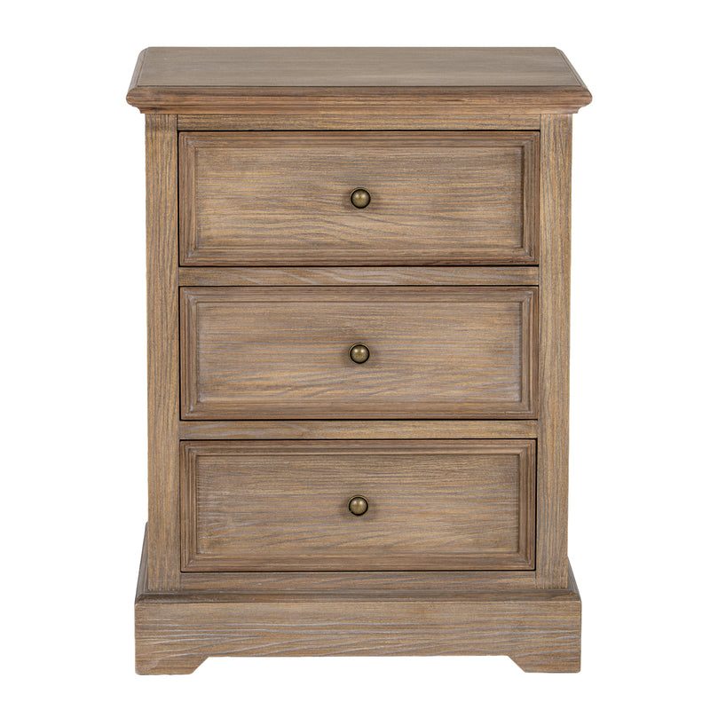 Delphine three-drawer wooden chest from the front on white