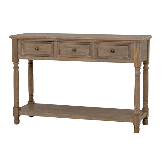 Delphine three-drawer console with shelf, front view