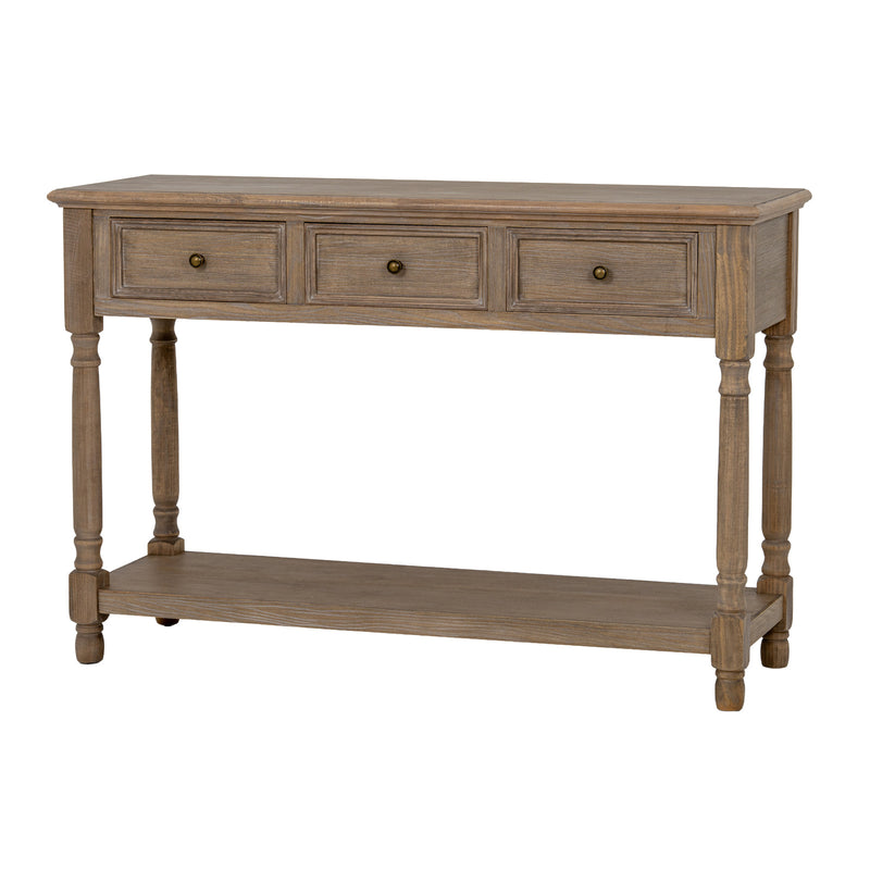 Delphine three-drawer console with shelf, front view