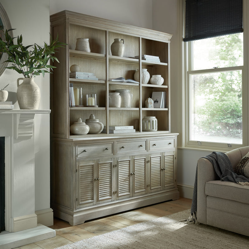 Delphine base shown with the 3-shelf dresser top, sold separately