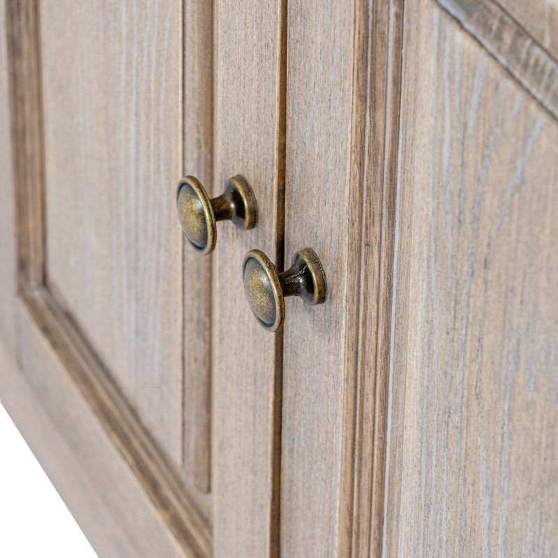 close-up of the antique brass-tone knobs