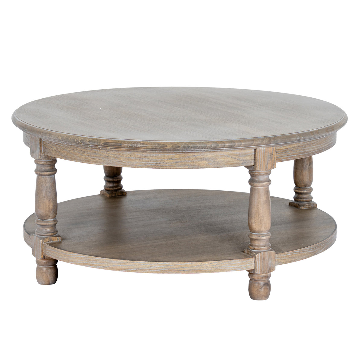Delphine round coffee table with lower shelf, front view