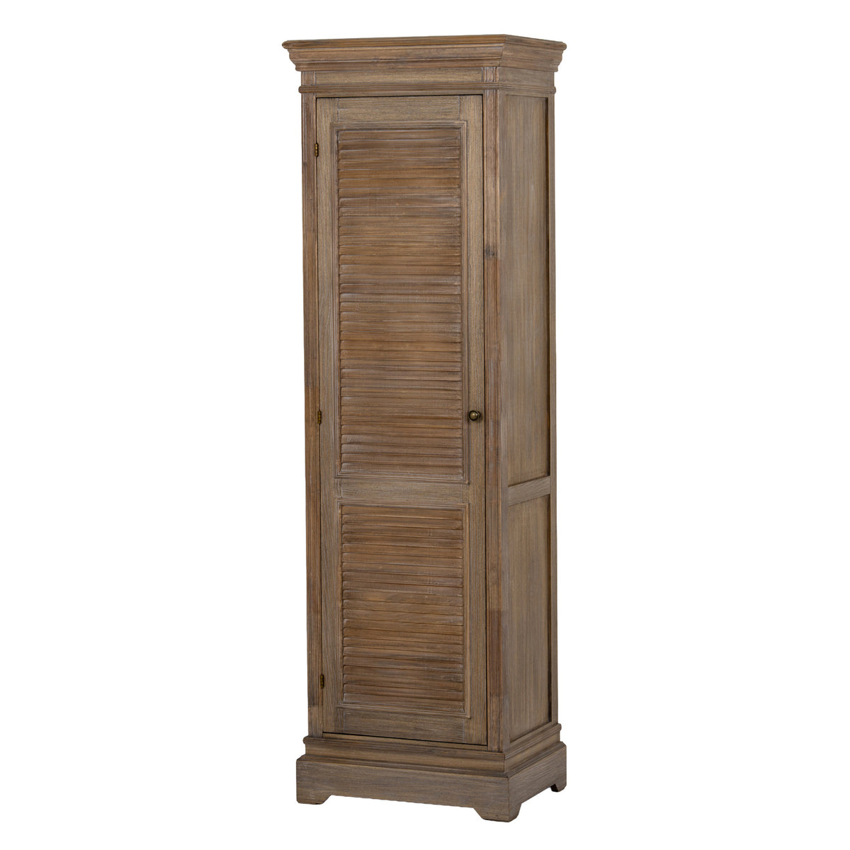 Delphine tall louvred wooden cabinet, angled front view