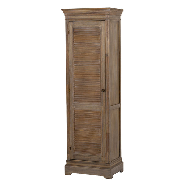 Delphine tall louvred wooden cabinet, angled front view