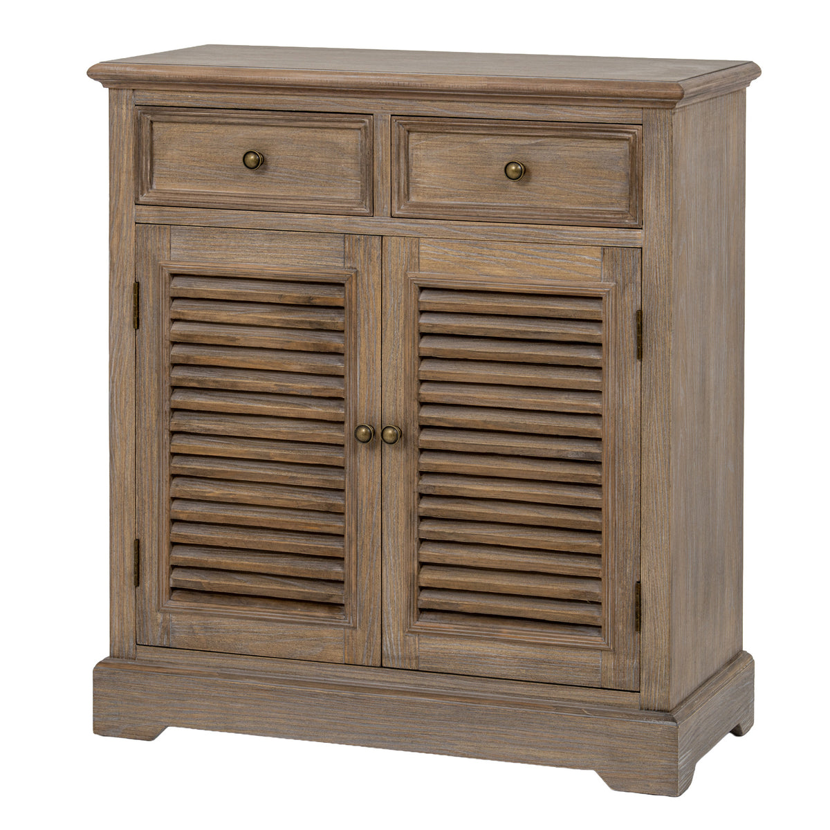 Delphine wooden chest with two drawers and louvred doors on white