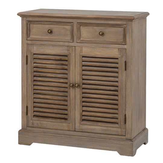 Delphine wooden chest with two drawers and louvred doors on white