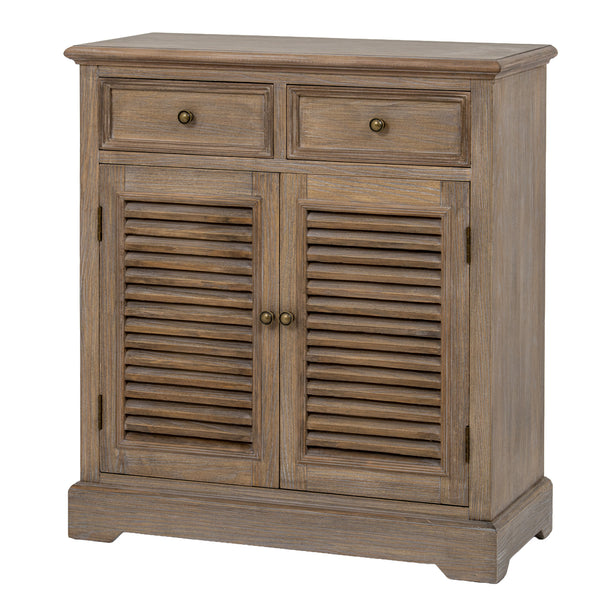 Delphine wooden chest with two drawers and louvred doors on white