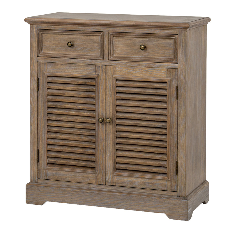 Delphine wooden chest with two drawers and louvred doors on white