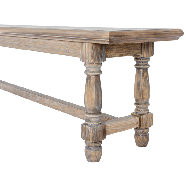 End of the bench showing the turned legs and stretcher