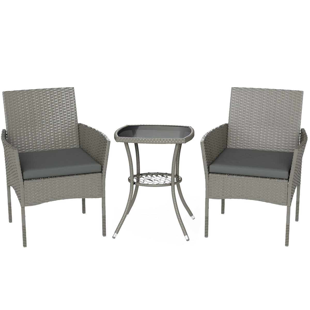 Outsunny 3 Piece Rattan Bistro Set, PE Wicker Garden Furniture Conversation Set with 2 Tier Glass-Top Table, Chairs
