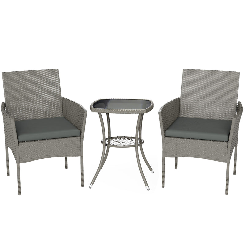 Outsunny 3 Piece Rattan Bistro Set, PE Wicker Garden Furniture Conversation Set with 2 Tier Glass-Top Table, Chairs