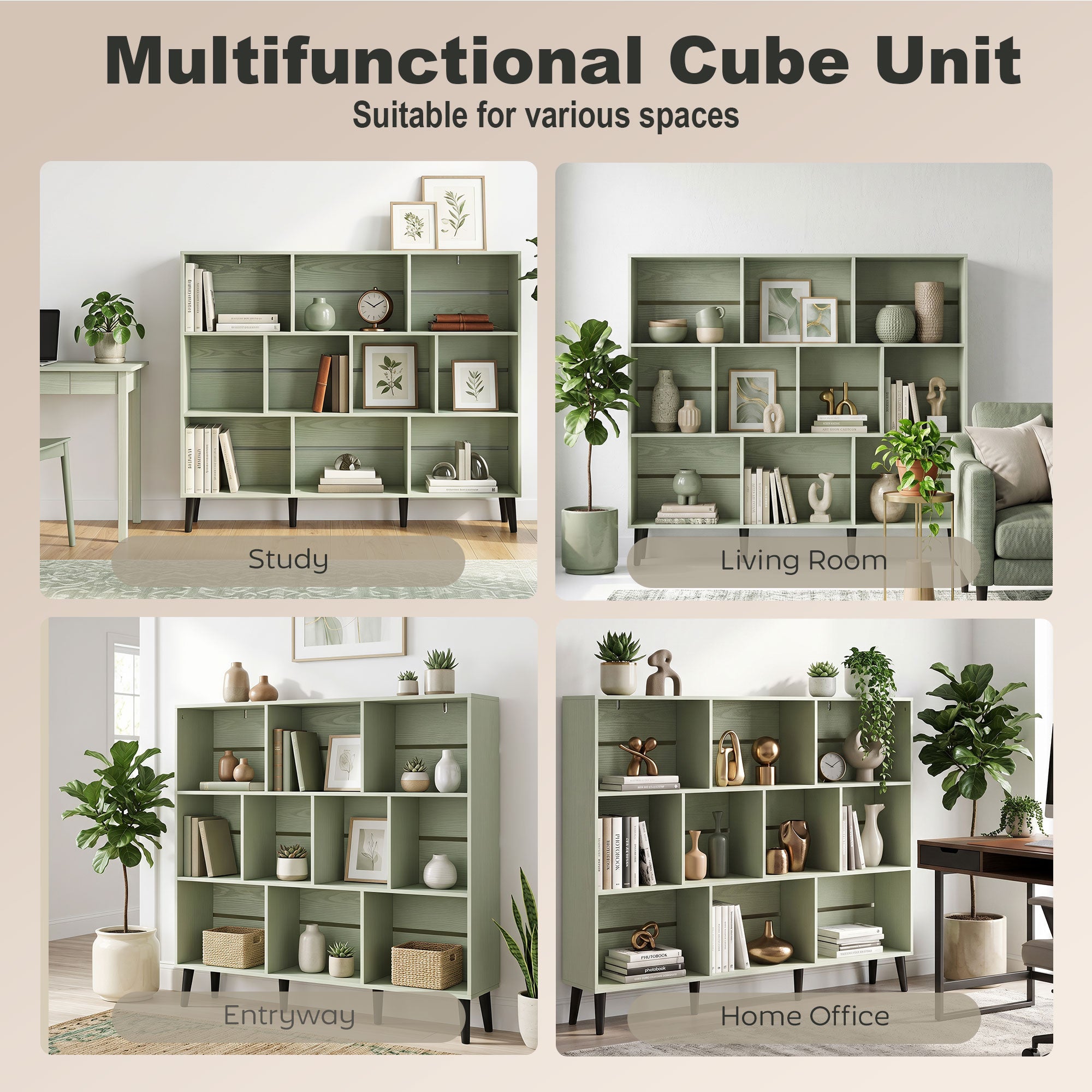 10-Cube Bookcase, 3-Tier Book Shelf with Solid Wood Legs, 140 cm Modern Bookshelf with Anti-Tip Kit, Light Green