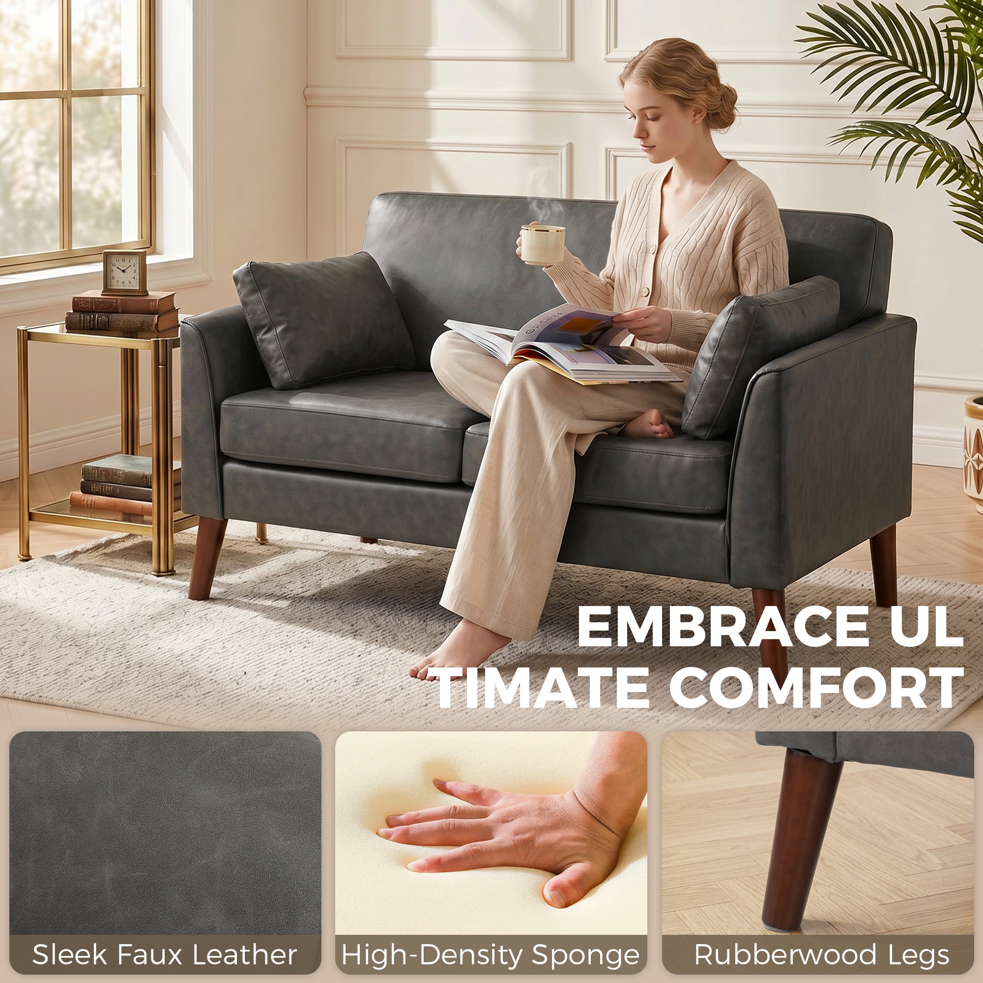 2 Seater Sofa, 132 cm Modern Small Sofa with Solid Wood Legs and 2 Pillows for Small Space, Grey