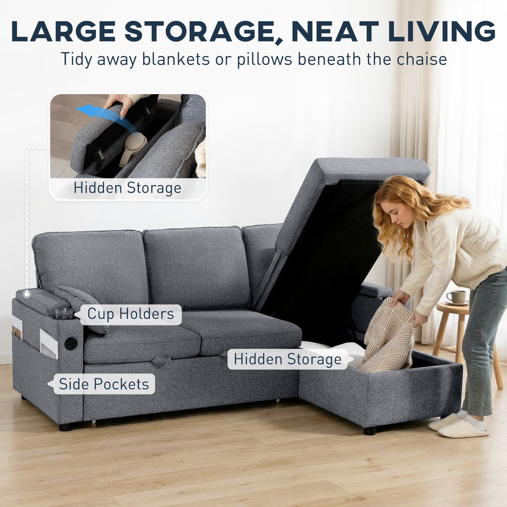 Corner Sofa Bed, L Shaped Sleeper Sectional Sofa with Reversible Storage Chaise, Grey