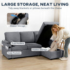 Corner Sofa Bed, L Shaped Sleeper Sectional Sofa with Reversible Storage Chaise, Grey