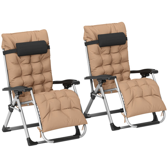 Set of 2 khaki zero gravity recliner chairs with cushions and headrests