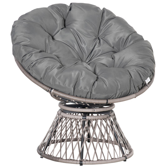 Grey rattan papasan moon chair with 360-degree swivel base and plush round cushion
