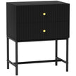 Black bedside table with two ridged drawers, gold-tone handles and raised metal base