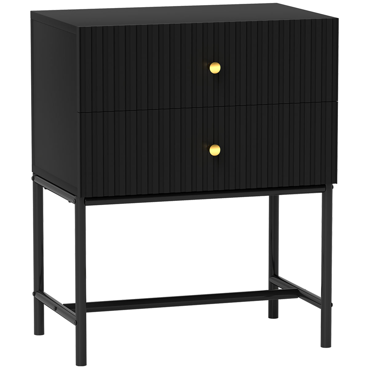 Black bedside table with two ridged drawers, gold-tone handles and raised metal base