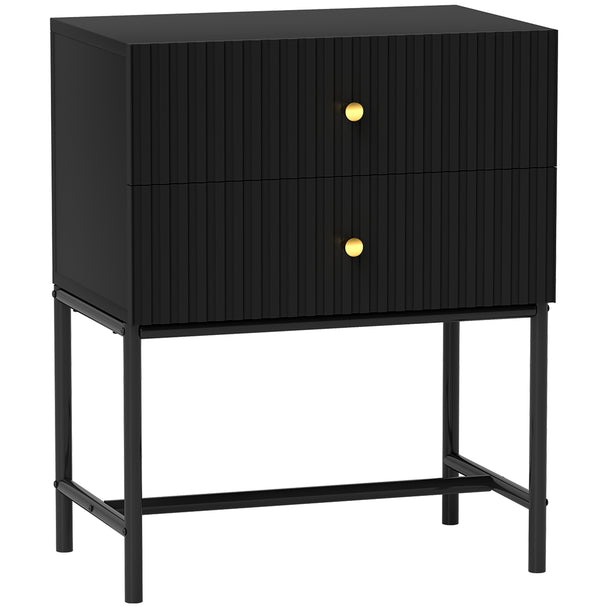 Black bedside table with two ridged drawers, gold-tone handles and raised metal base