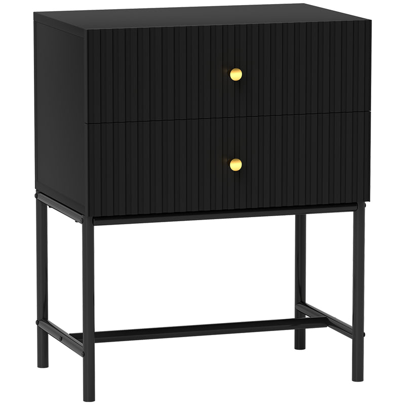 Black bedside table with two ridged drawers, gold-tone handles and raised metal base
