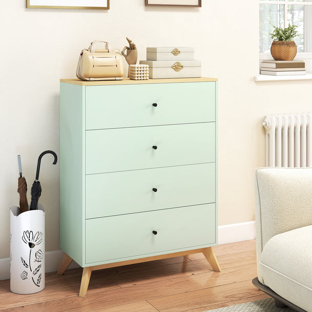 HOMCOM 4 Drawer Storage Cabinet, Chest of Drawers for Bedroom Living Room, Light Green and Oak – view 2