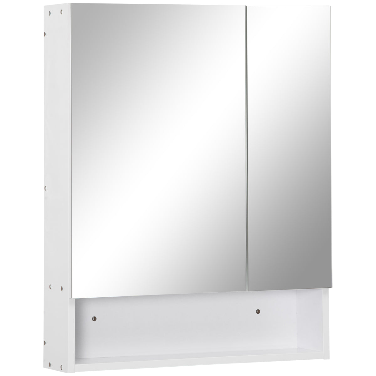 White wall-mounted bathroom mirror cabinet with two mirrored doors and open shelf