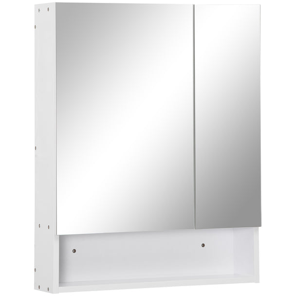 White wall-mounted bathroom mirror cabinet with two mirrored doors and open shelf