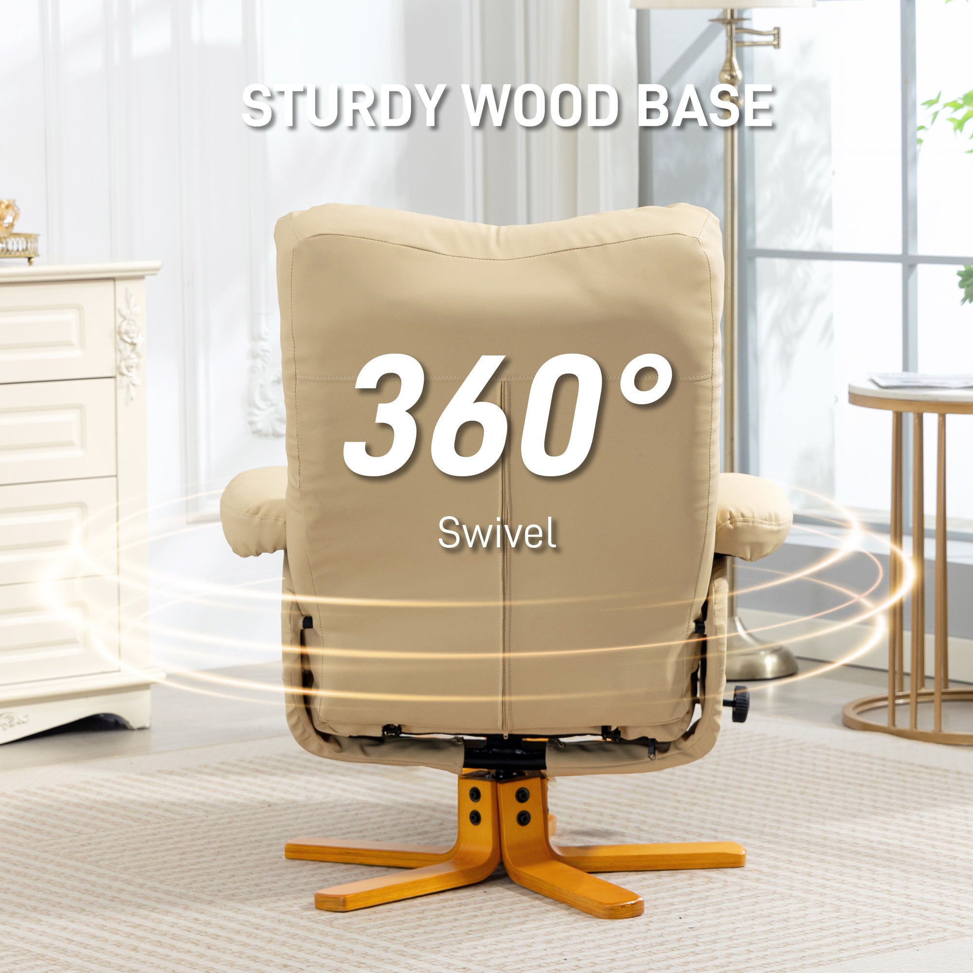 PU Leather Swivel Recliner Chair with Footstool, Wooden Base and Storage for Living Room, Beige