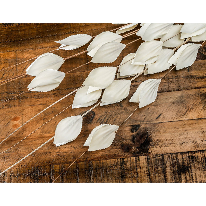 Close-up of the cream thlaspi seed pods on a wooden table