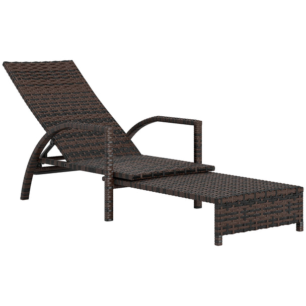 Reclining rattan sun lounger with extending footrest and padded cushion in mixed brown
