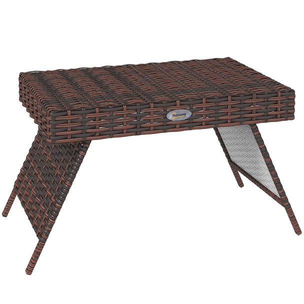 Brown folding rattan side table with steel panel legs