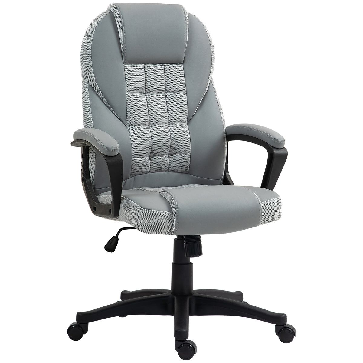 Grey high back faux leather office chair with padded armrests and five-castor swivel base