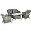Grey 4-piece aluminium rattan sofa set with loveseat, two armchairs and glass-top table