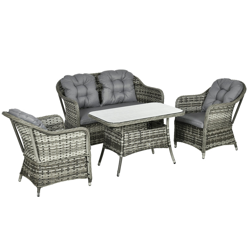 Grey 4-piece aluminium rattan sofa set with loveseat, two armchairs and glass-top table