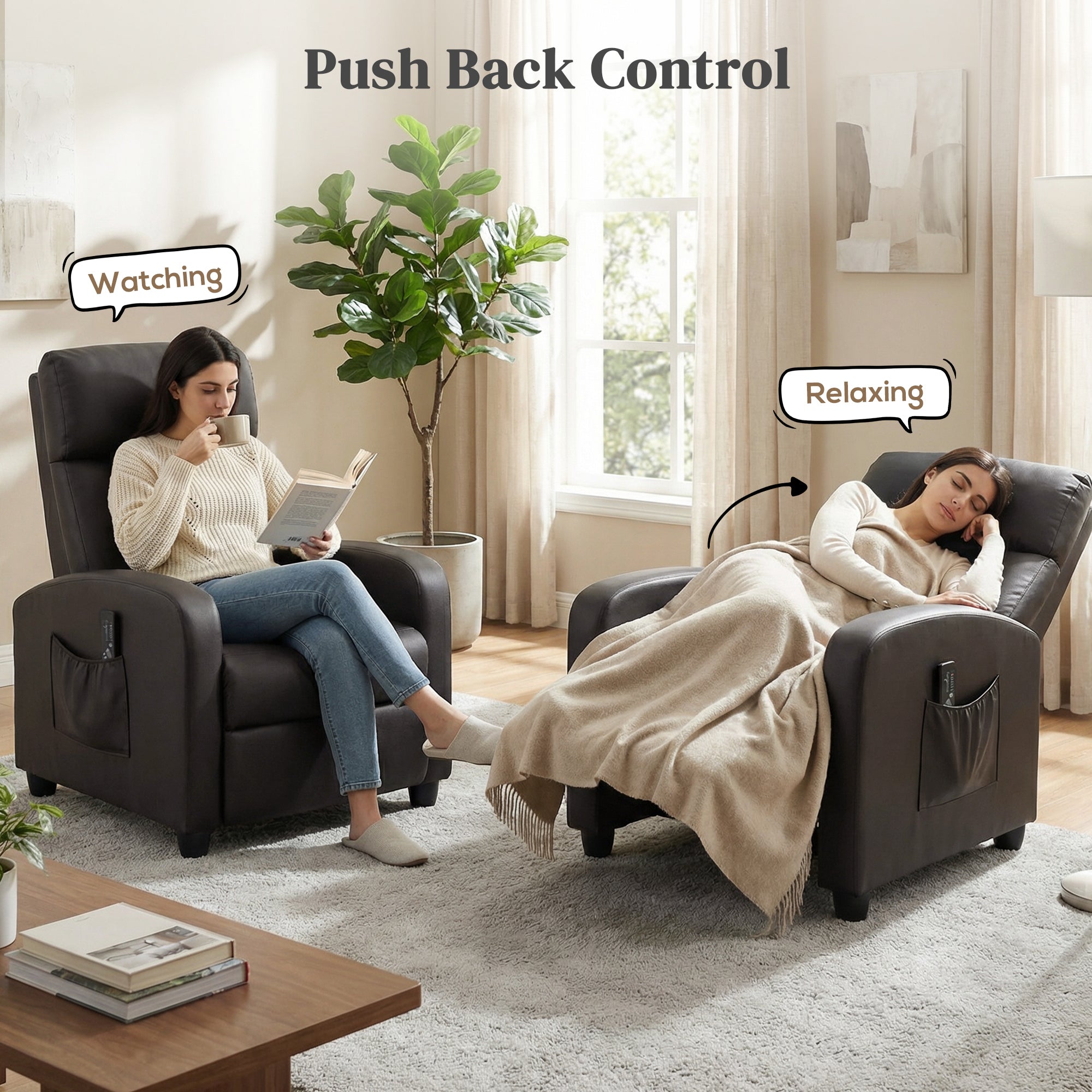 HOMCOM Recliner Armchair, Massage Faux Leather Push Back Reclining Chair with Adjustable Leg Rest, Side Pocket, for Home Living Room Theatre, Brown