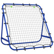 Blue football rebounder net on a steel frame with adjustable rear support and ground stakes