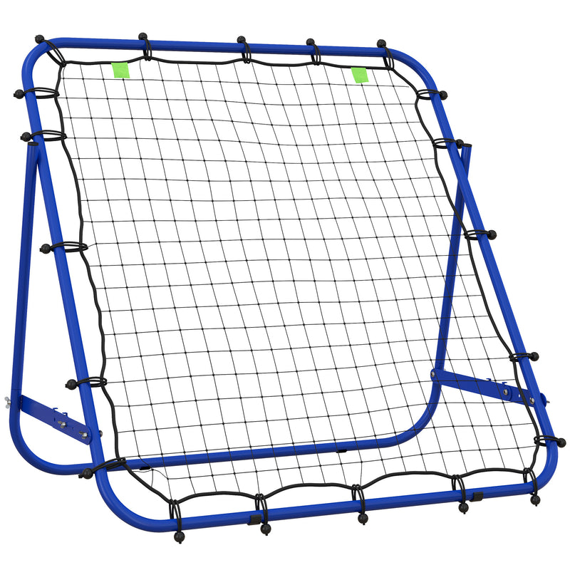 Blue football rebounder net on a steel frame with adjustable rear support and ground stakes
