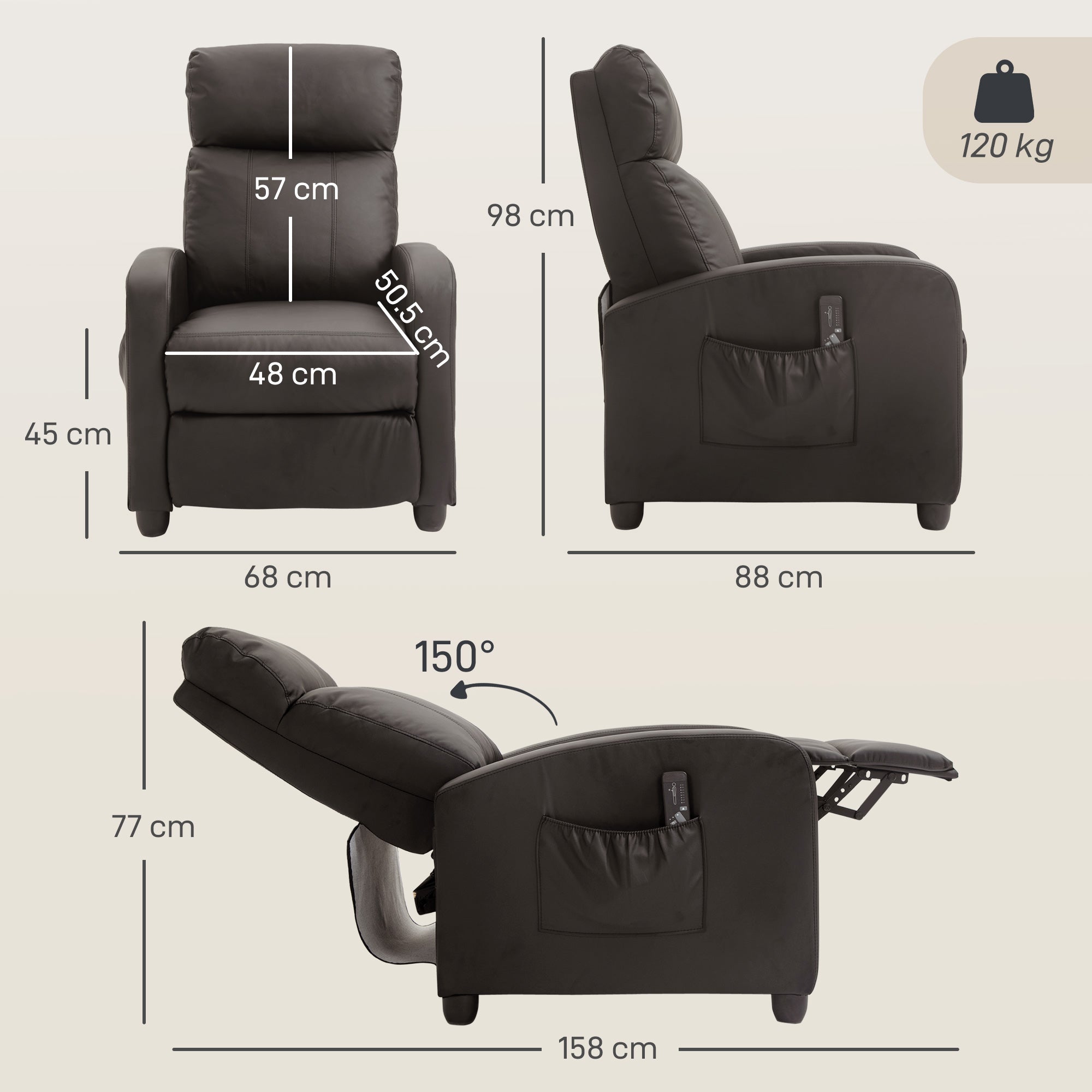 HOMCOM Recliner Armchair, Massage Faux Leather Push Back Reclining Chair with Adjustable Leg Rest, Side Pocket, for Home Living Room Theatre, Brown