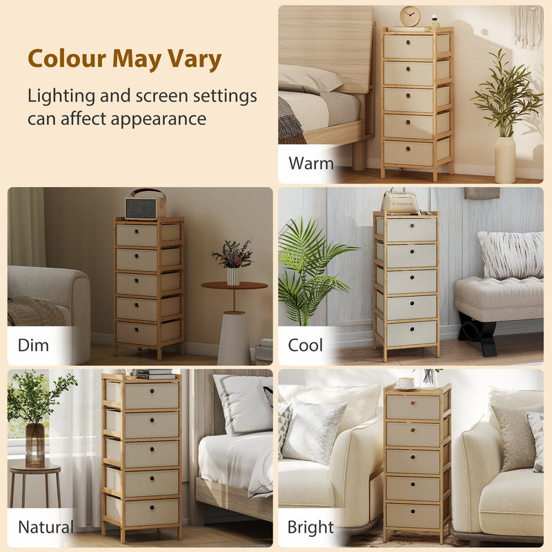 HOMCOM Chest of Drawers, 5 Fabric Drawers Narrow Dresser with Bamboo Frame, Cream White – view 9