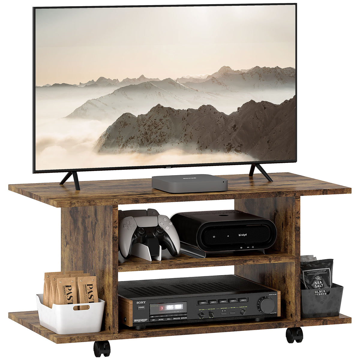80 cm Mobile 3-Tier TV & Media Stand – Rustic Brown