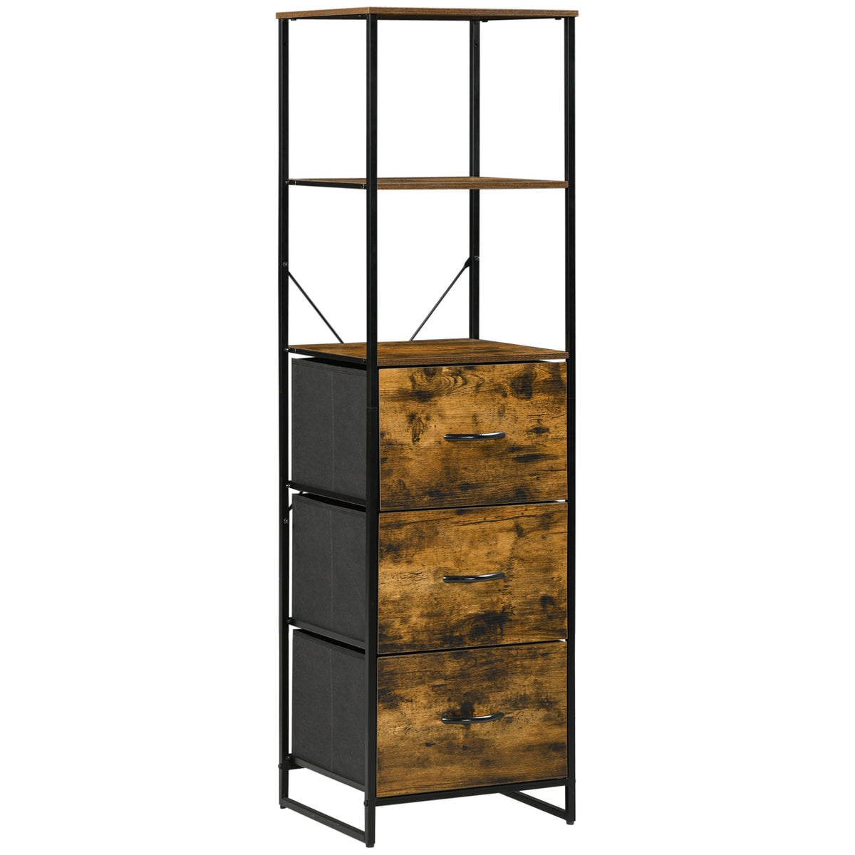 Tall rustic brown industrial storage unit with two open shelves and three fabric drawers