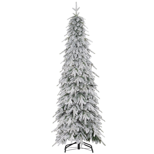 6ft slim snow-covered artificial Christmas tree on a steel base