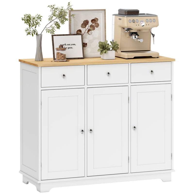White 101 cm sideboard with solid rubberwood top, three drawers and three cupboards